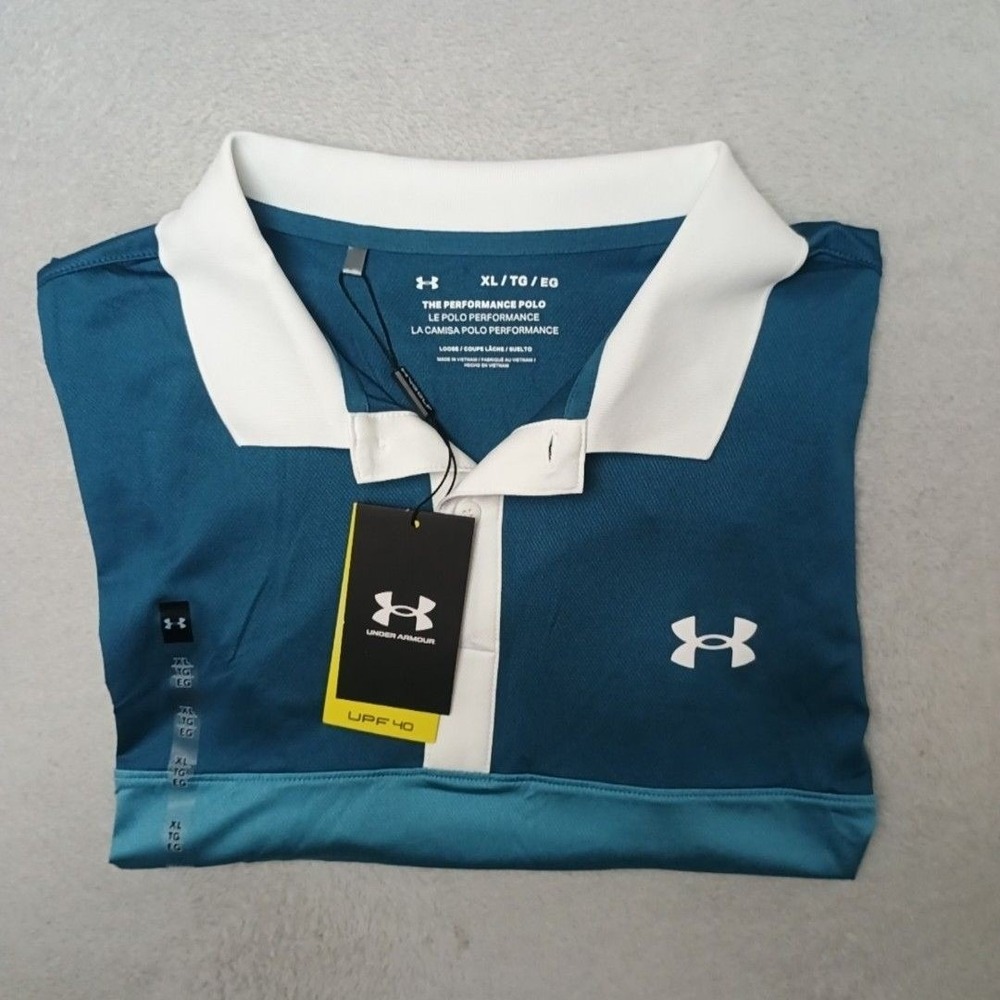 Under Armour Polo Shirt Mens XL Blue Colorblock Golf Moisture Wicking UPF
